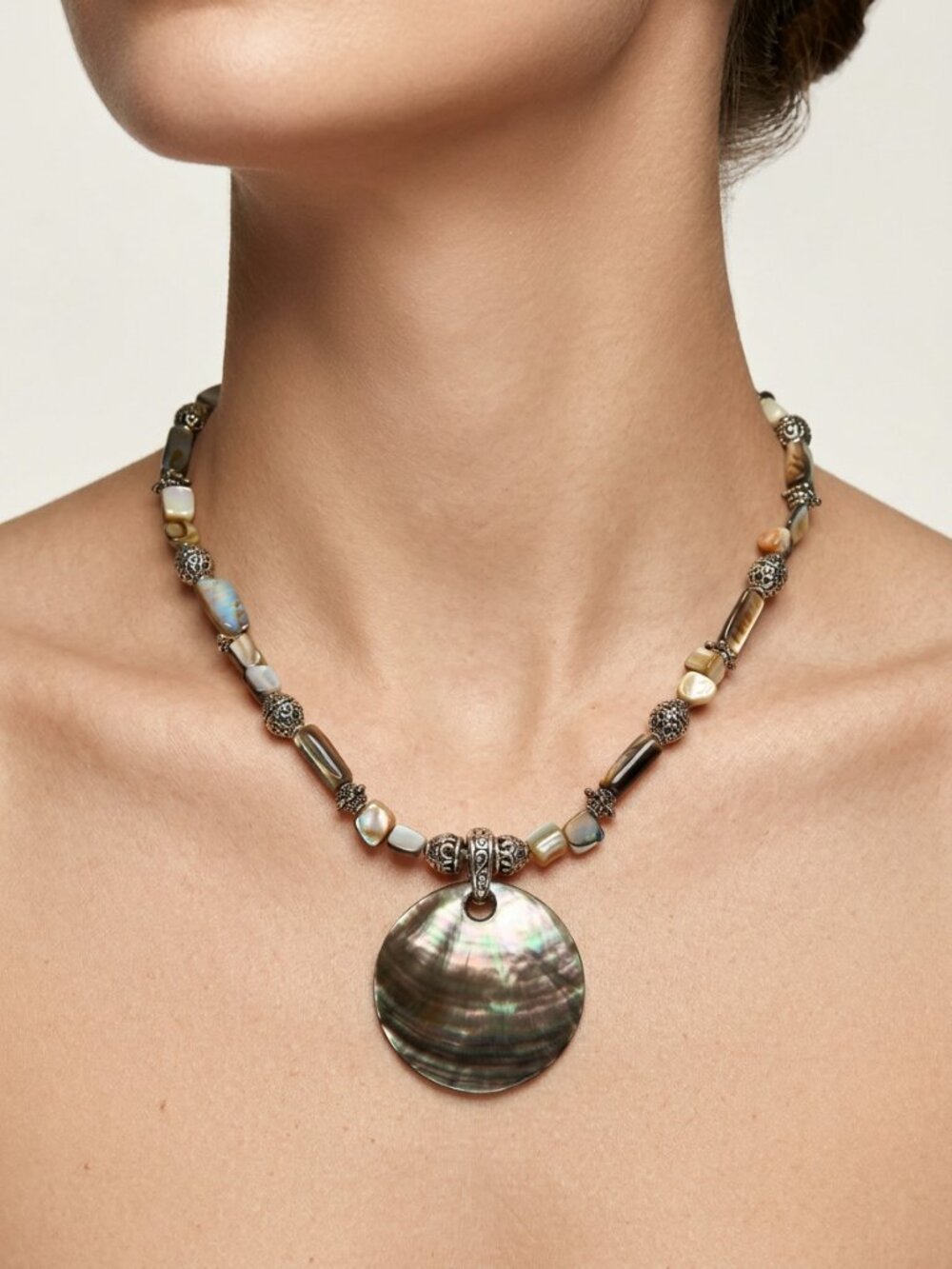 Vintage Cookie Lee Abalone & Silver Filigree Bead Shell Pendant Necklace